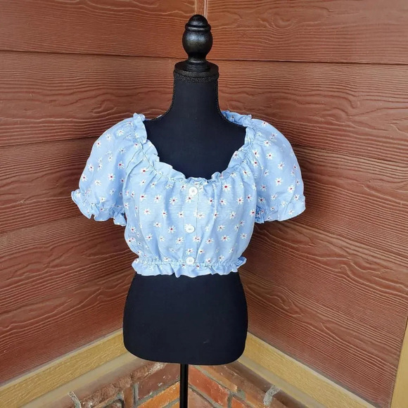 ZARA Summer Linen Blend Floral Blouse Blue Size Small NWOT - Picture 2 of 13